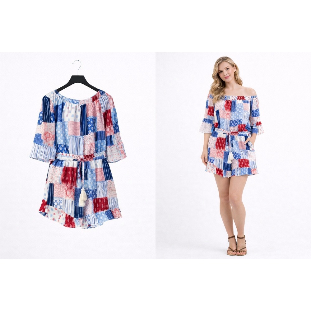 Gypsy PatchworkPrint Romper W Med Red White‎ Blue Boho Tassel Hippie Peasant
